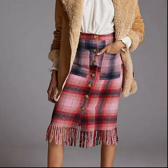 Anthropologie Maeve 2 NWT Fringed Plaid Mini Skirt Fringe Button Midi Pink